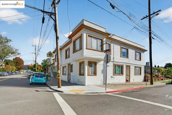 a front view of a building with street view