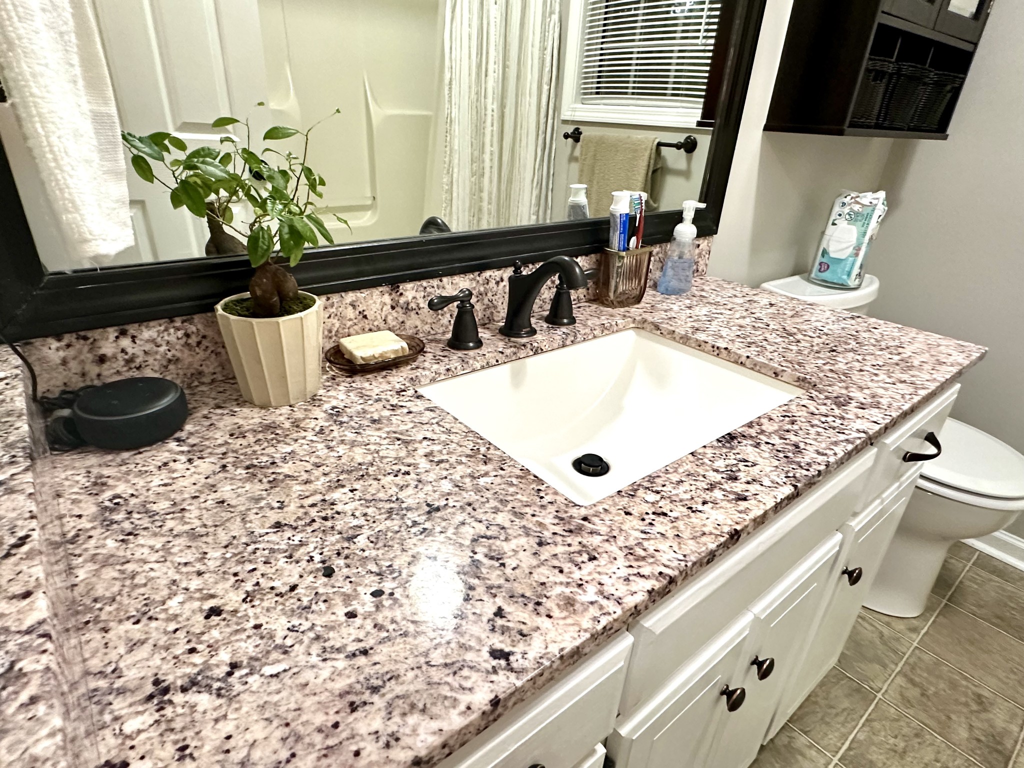 2417 Patterson Road Woodlawn, TN 37191 - Photo 41 of 68 a bathroom with a granite countertop sink and a large mirror