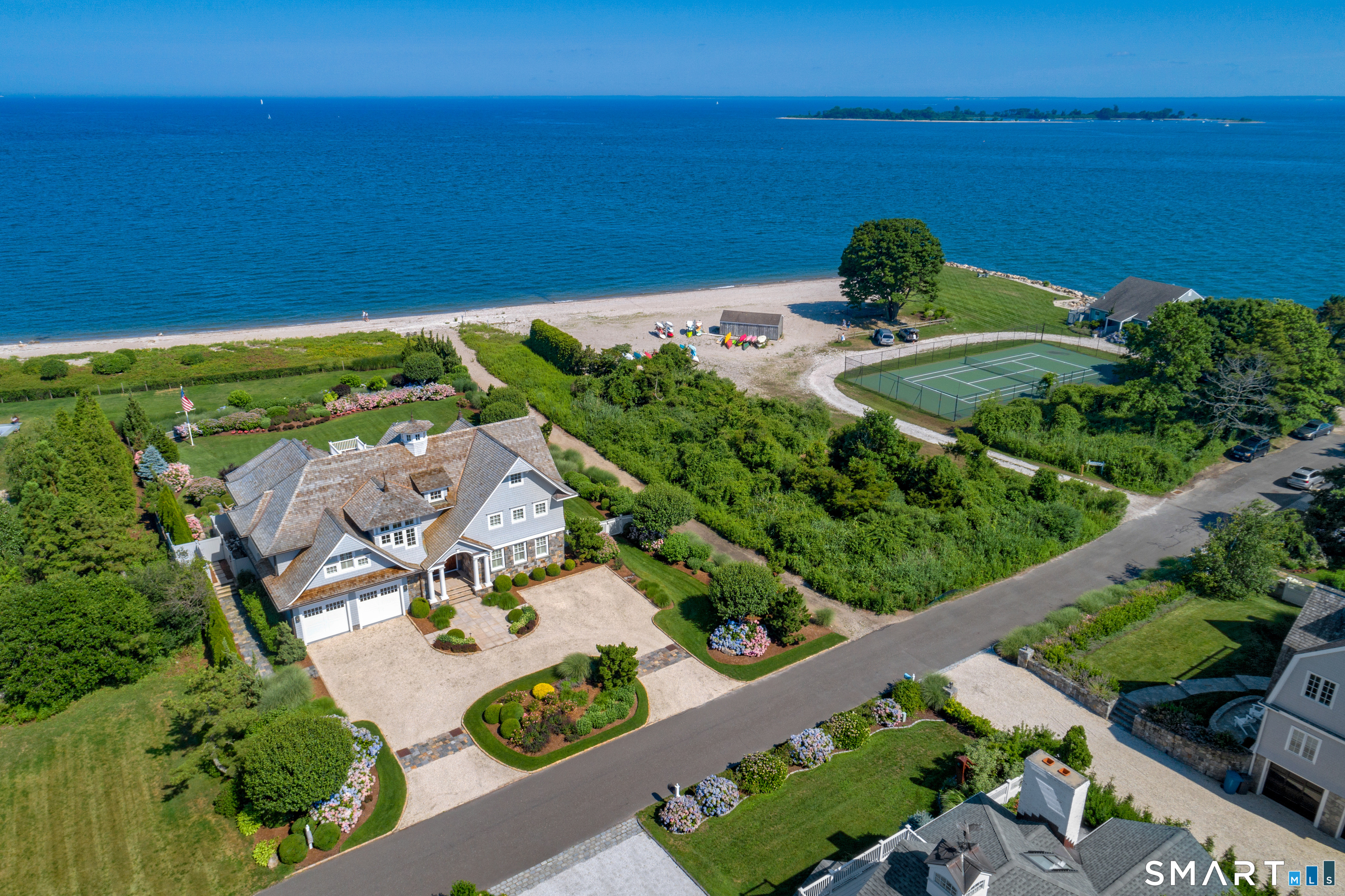 an aerial view of a house with a garden