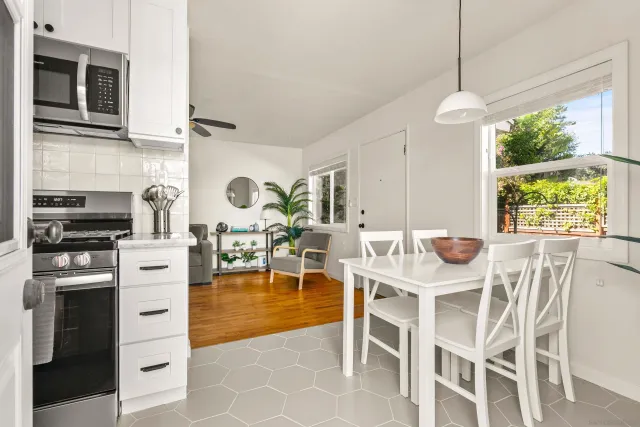 a kitchen with a table chairs and a stove