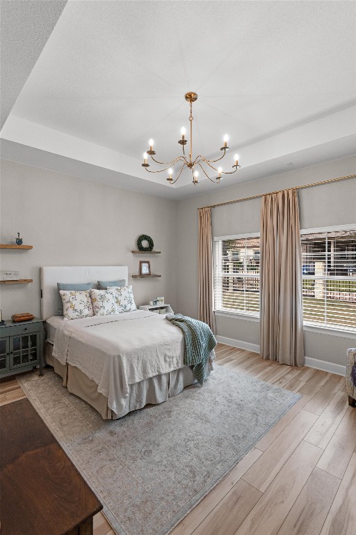 313 Racing Oak Loop San Marcos, TX 78666 - Photo 19 of 39 View of the primary bedroom tray ceiling and chandelier with views of the backyard