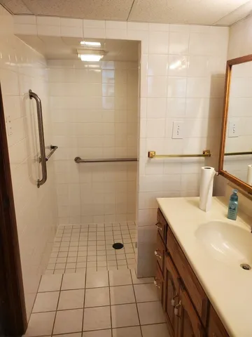 a bathroom with a sink a toilet and a mirror