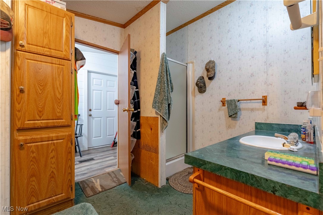 2176 Pageant Road Southeast Carrollton, OH 44615 - Photo 18 of 39 Bathroom featuring crown molding, wallpapered walls, a shower stall, and vanity