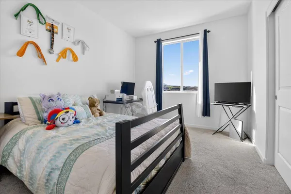 a bedroom with a bed and a flat screen tv