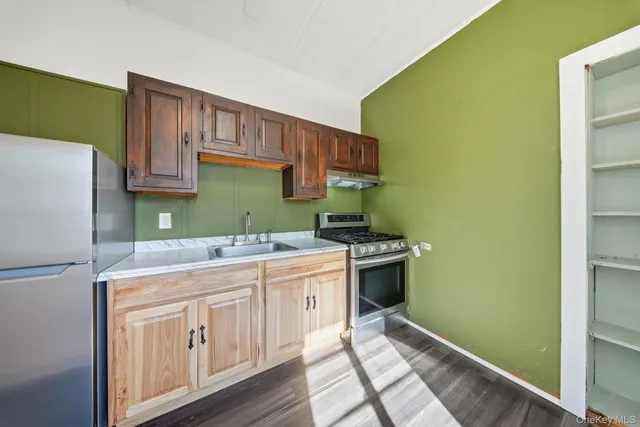 a kitchen with a sink and a refrigerator