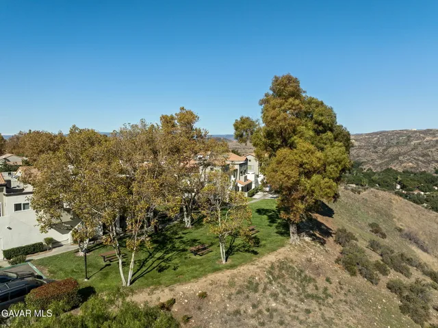 a view of a yard with plants and a building