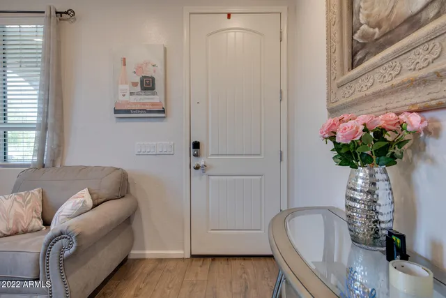 a living room with furniture flowerpot and a chandelier