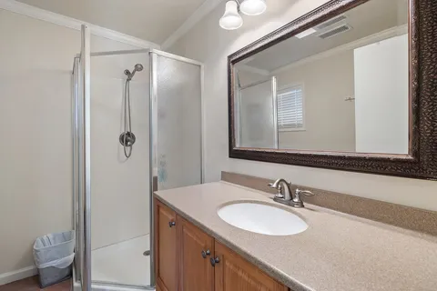 a bathroom with a granite countertop sink a mirror and a shower