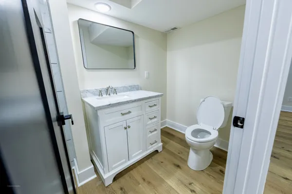 a bathroom with a toilet a sink a mirror and vanity