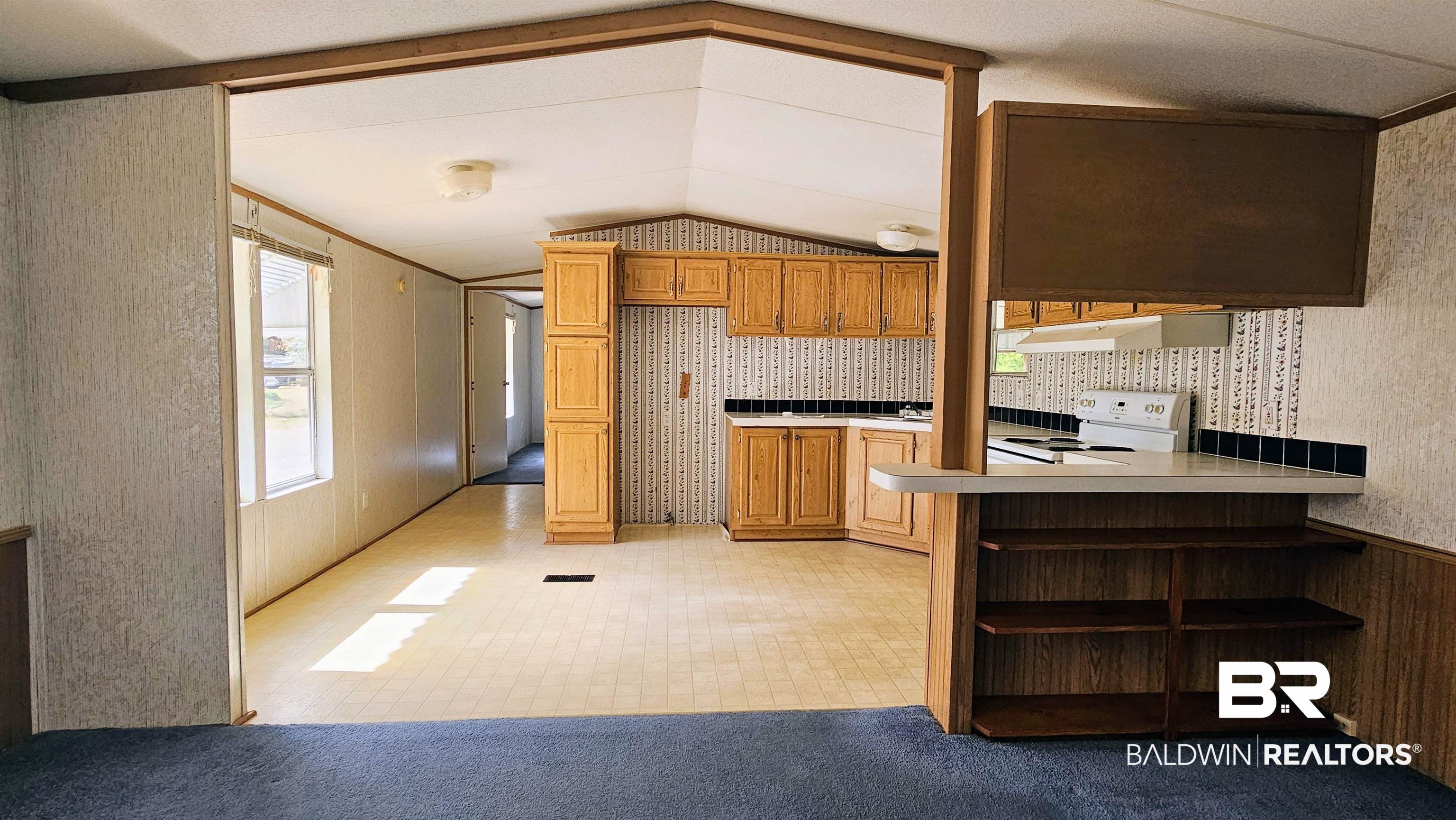 18659 Bull Springs Road Robertsdale, AL 36567 - Photo 3 of 25 Kitchen with lofted ceiling, electric range, light carpet, and kitchen peninsula