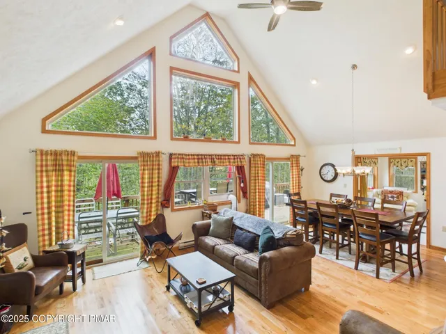 a living room with furniture and a floor to ceiling window