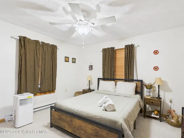 a bedroom with a bed and ceiling fan