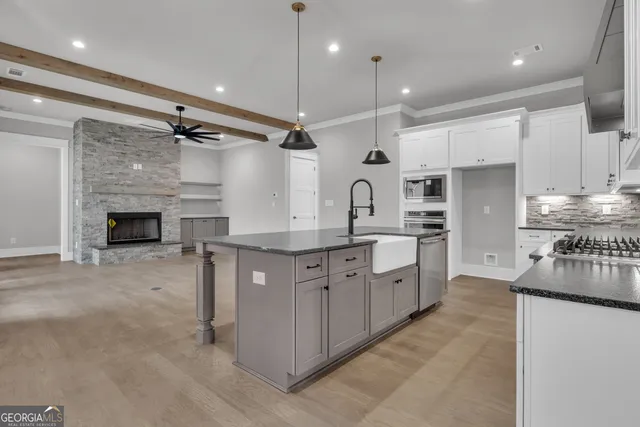 a view of cabinets and window