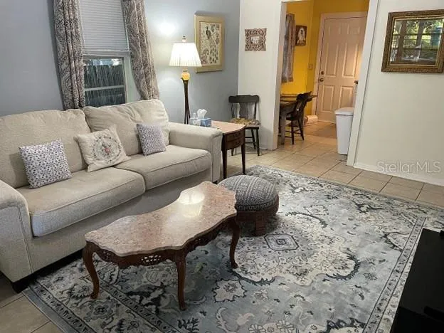 a living room with furniture and a rug