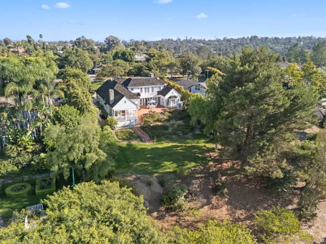 a view of a green yard with large trees