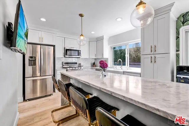 a kitchen with kitchen island a counter appliances cabinets and a counter top space