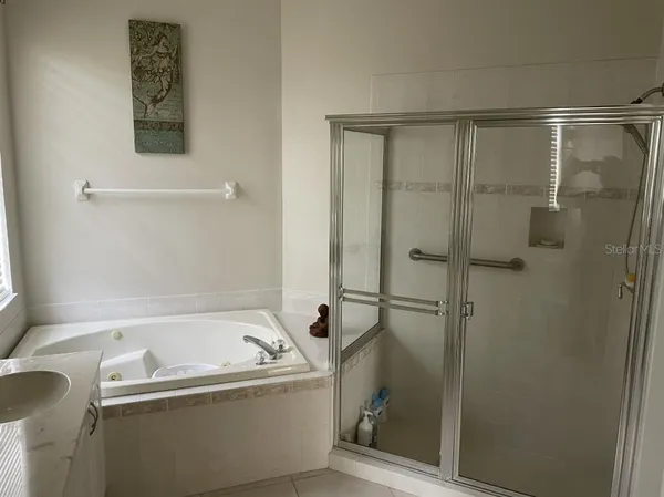 a bathroom with a bathtub and a shower