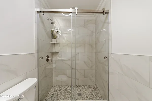 a bathroom with a shower and toilet