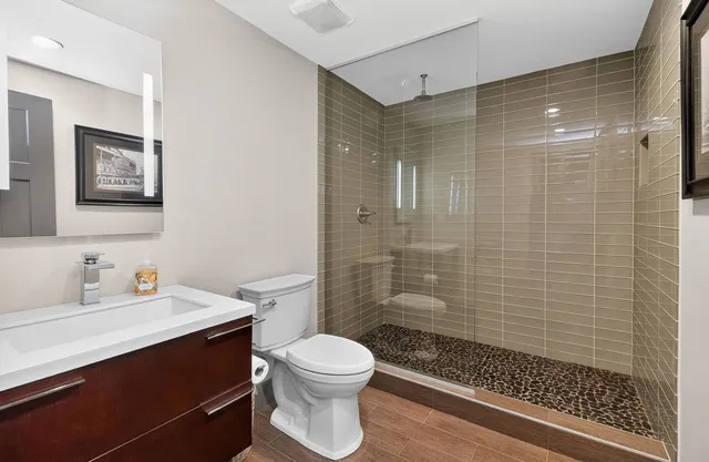a bathroom with a shower and a toilet