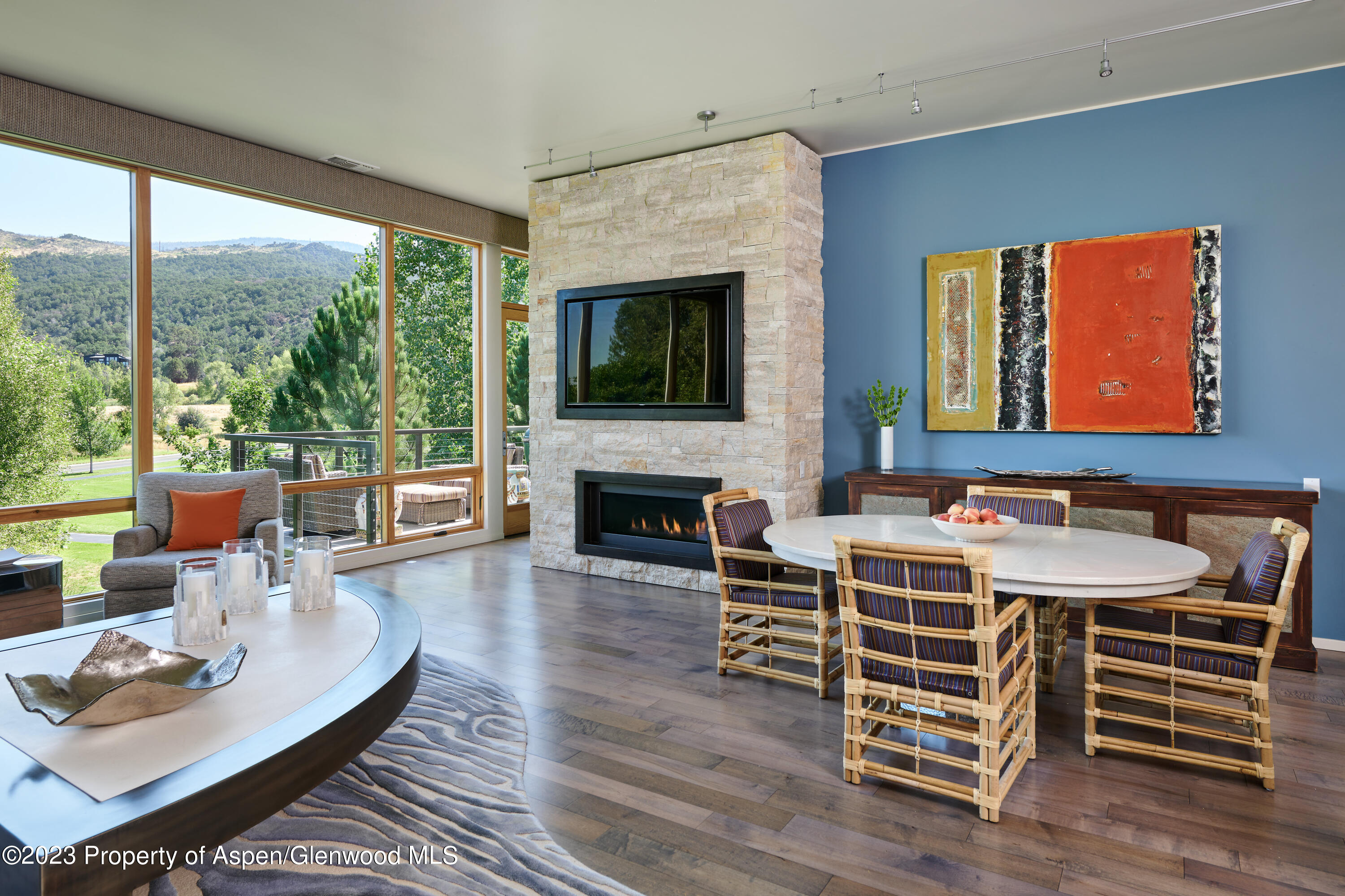 202 Evans Road, Unit 203 Basalt, CO 81621 - Photo 5 of 24 a living room with furniture a flat screen tv and a fireplace