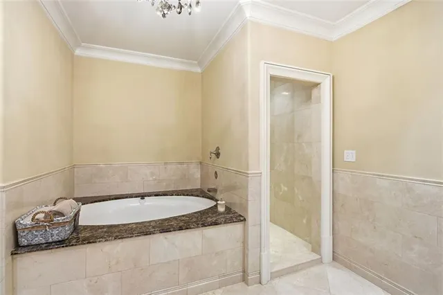 a bathroom with a granite countertop bathtub and a shower