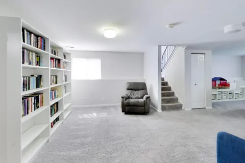 a living room with furniture and a book shelf
