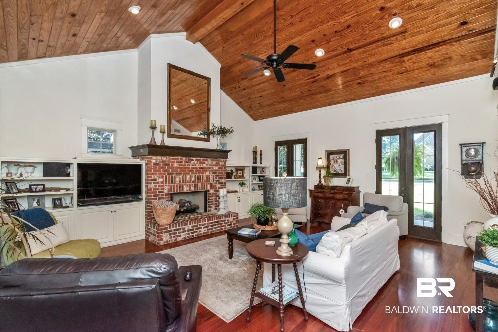 8868 Dawes Lake Road South Mobile, AL 36619 - Photo 7 of 35 Living room with french doors, high vaulted ceiling, wooden ceiling, and dark hardwood / wood-style flooring