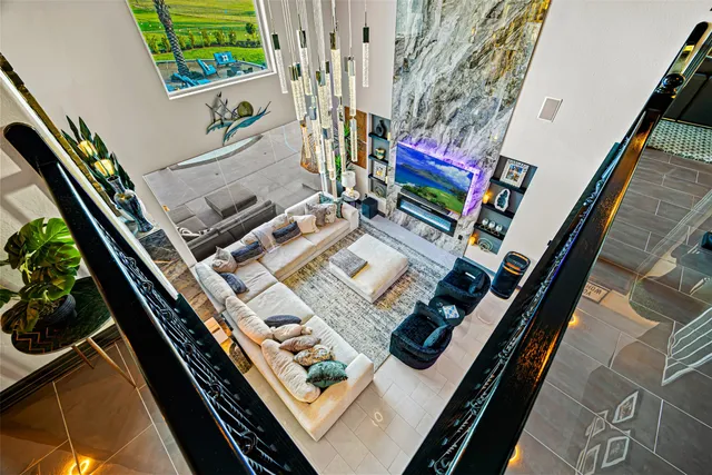 a living room with chairs