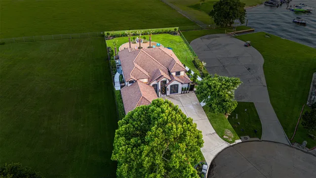 an aerial view of a swimming pool