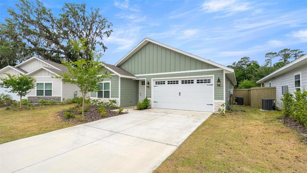 front view of a house with a patio