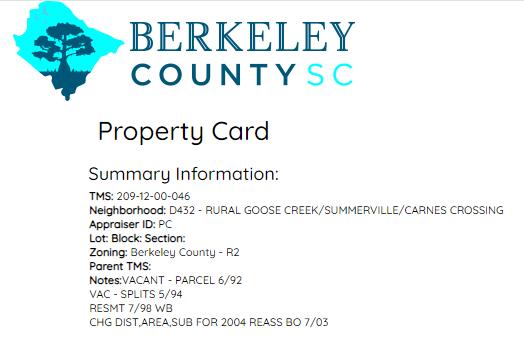 0 Garcia Lane Moncks Corner, SC 29461 - Photo 9 of 9 Zoning Card (Berkeley County)