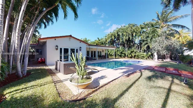 a view of a yard and palm trees