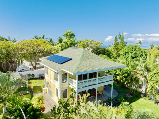 a aerial view of a house with a yard and potted plants