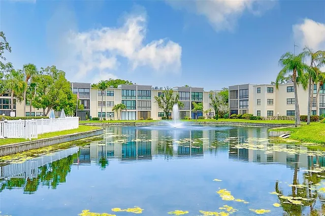 a view of a swimming pool with a lawn chairs and plants