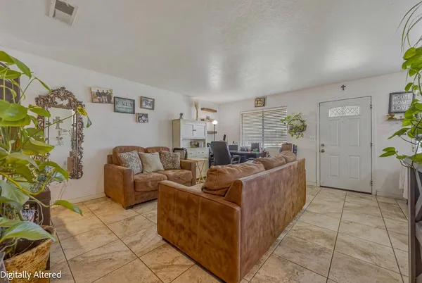 a living room with furniture and a potted plant