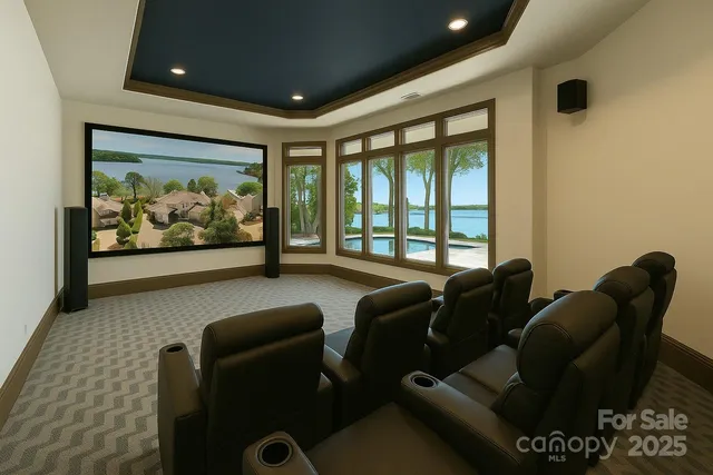 a media room with lots of chairs and a projector screen