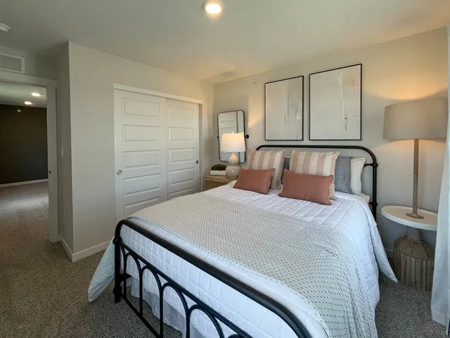 a bedroom with a bed and a closet