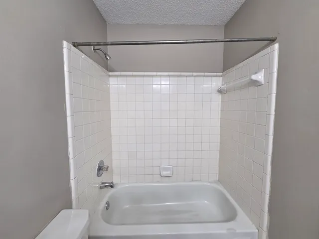 a bathroom with a shower and toilet