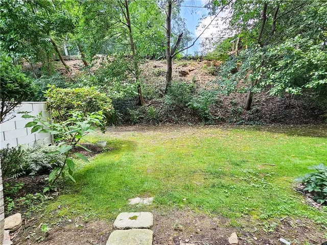 a view of a backyard with table and chairs with wooden floor and plants