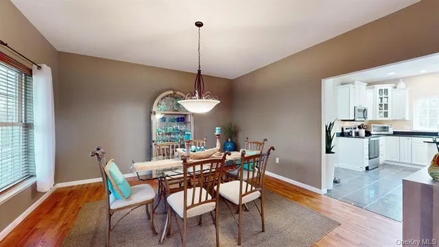 a view of a dining room with furniture window and wooden floor