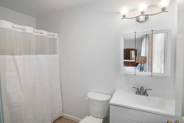 a bathroom with a sink a toilet and mirror