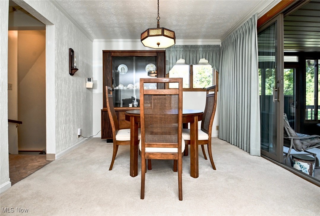 5653 Dailey Road New Franklin, OH 44319 - Photo 18 of 24 Dining area featuring crown molding, a textured ceiling, and light colored carpet