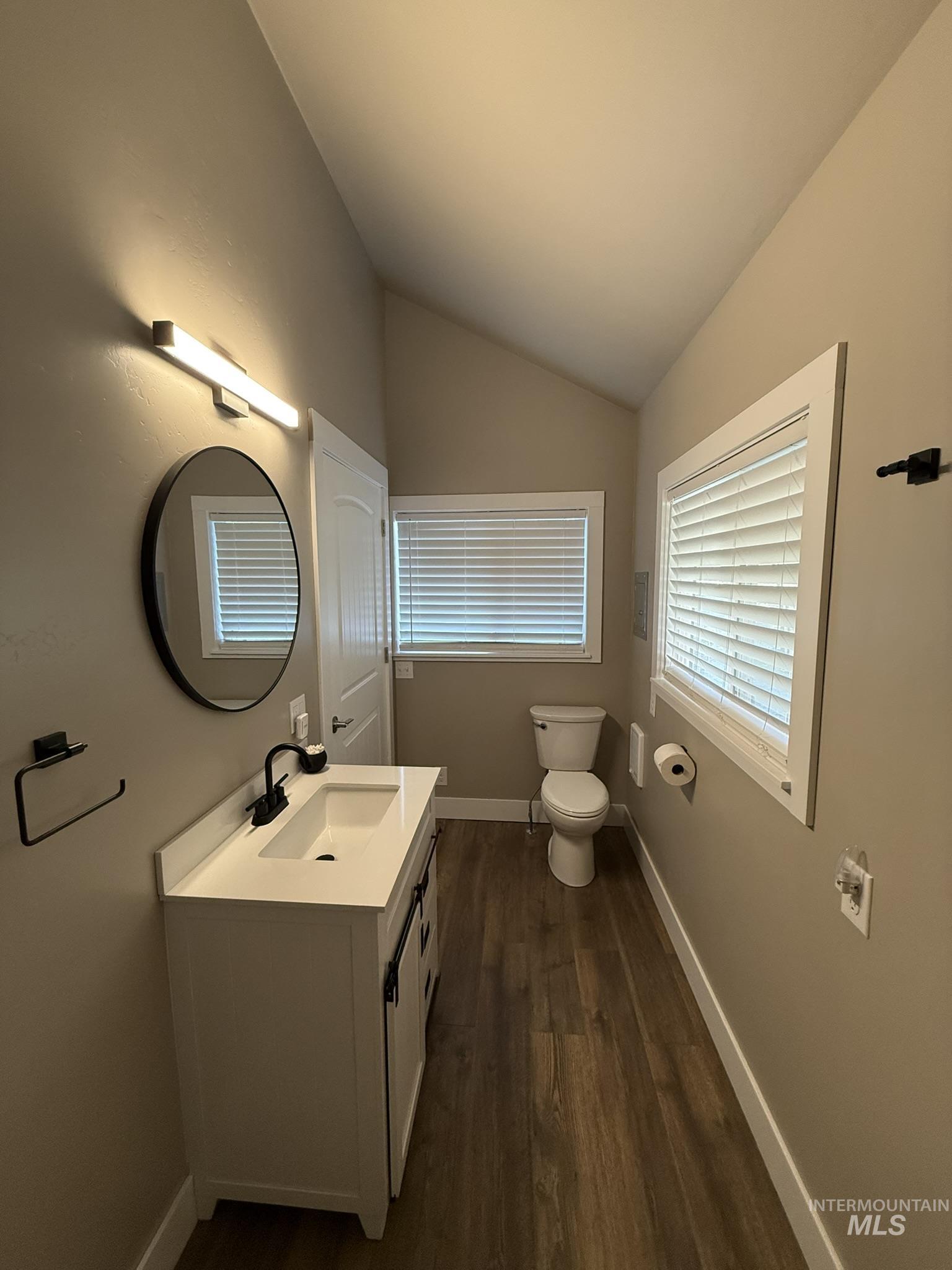 532 Old Pollock Road Riggins, ID 83549 - Photo 19 of 25 Bathroom featuring vanity, dark wood-style flooring, and lofted ceiling