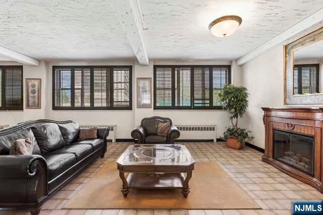 a living room with furniture ceiling fan and a fireplace