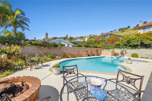 a view of a swimming pool with an outdoor seating and a garden