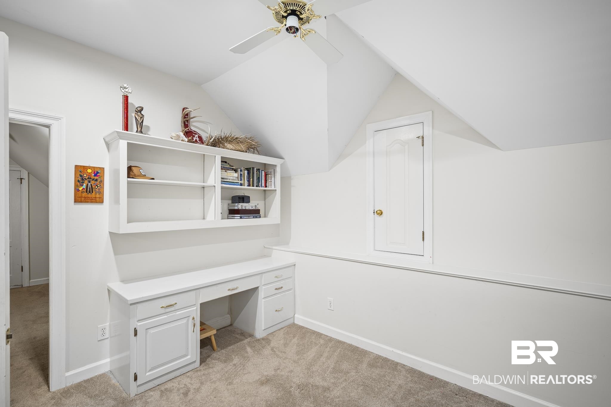 402 Potters Mills Road Daphne, AL 36526 - Photo 35 of 45 Unfurnished office featuring light carpet, lofted ceiling, ceiling fan, baseboards, and built in desk