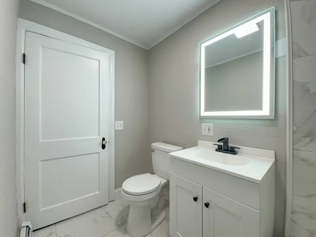 a bathroom with a sink a toilet and vanity