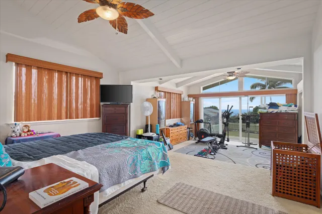 a living room with furniture a rug and gym equipment