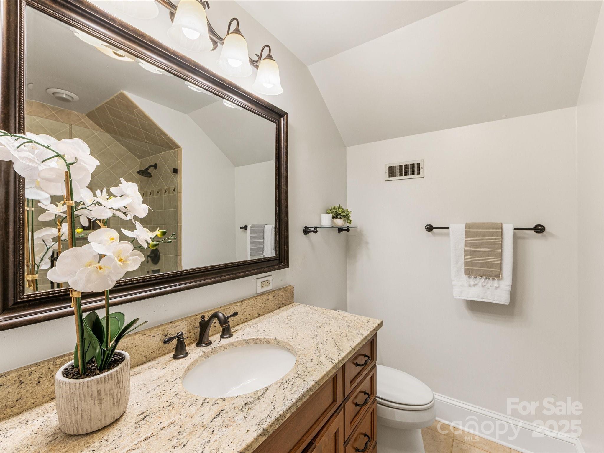 2118 Sharon Road Charlotte, NC 28207 - Photo 37 of 48 a bathroom with a granite countertop sink a toilet and a mirror