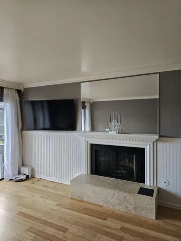 a living room with a fireplace